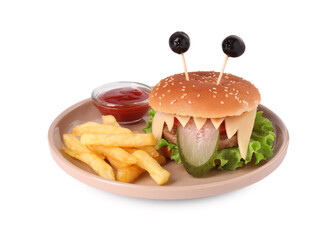 Cute monster burger served with french fries and ketchup isolated on white. Halloween party food