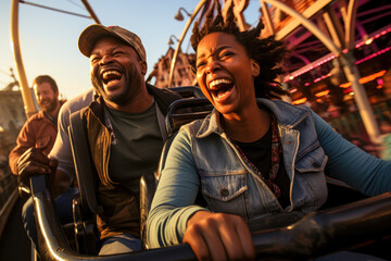Excited couple experiencing thrilling roller coaster ride at sunset, filled with joy and adrenaline at an amusement park.