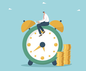 Time is money, long-term return on investment, pension fund concept, interest income from investments or deposits, time to receive money, hourly wages, time management, man sitting on watch with coins - obrazy, fototapety, plakaty