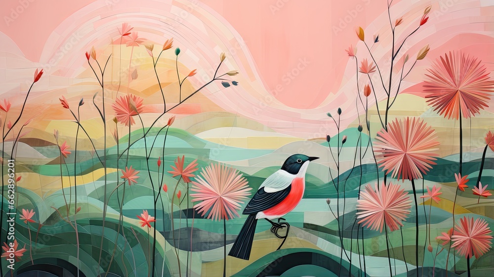 Poster a painting of a bird sitting on a branch in a field of flowers. generative ai