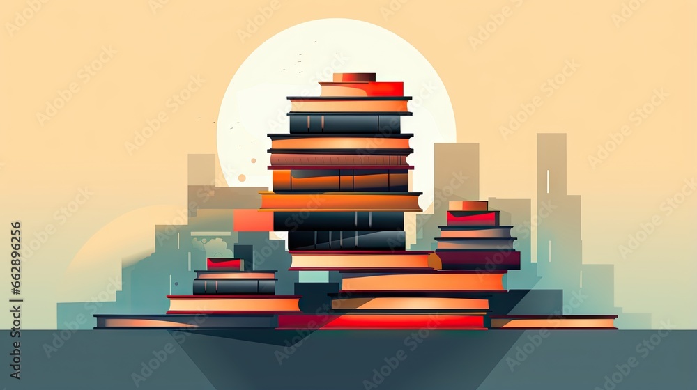 Poster a stack of books sitting on top of each other in front of a city. generative ai