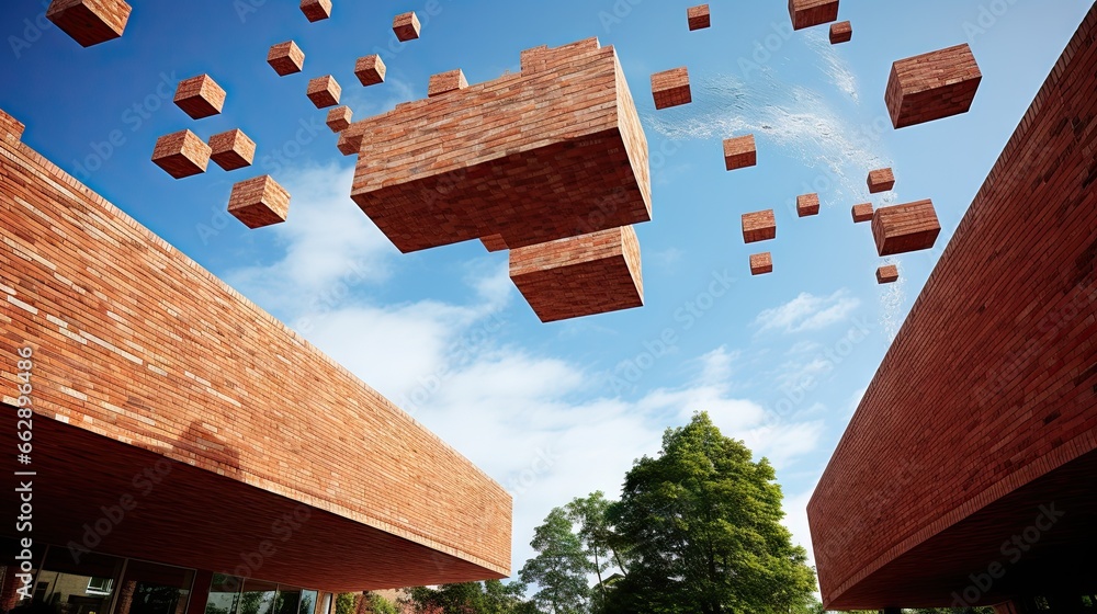 Poster a group of blocks floating in the air near a building. generative ai