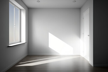 Empty room with wood laminate floor and window light. Generative AI