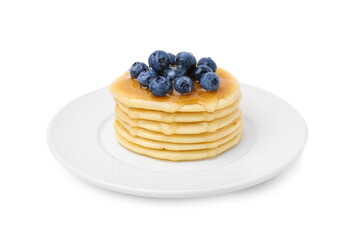 Delicious pancakes with blueberries and honey isolated on white