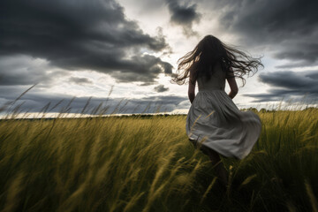 Obraz premium Young woman running in the wheat field with dramatic sky and clouds.
