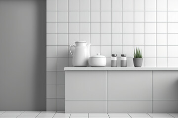 Fototapeta na wymiar Background of bathroom wall and counter tile. Self-empty the tub. tiles in a square pattern and a banner in grey. Toilet table top and mock-up of an interior area. Generative AI
