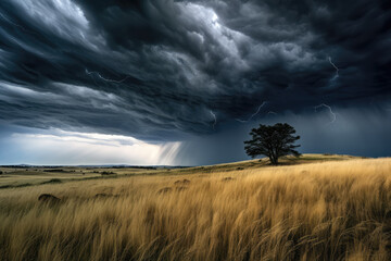 Fototapeta premium Storm over the plains of South Africa, with a lone tree in the foreground
