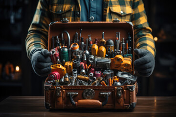 A person holding a toolbox with various tools, representing the resourcefulness and adaptability required in entrepreneurial endeavors. Concept of problem-solving. Generative Ai. - obrazy, fototapety, plakaty