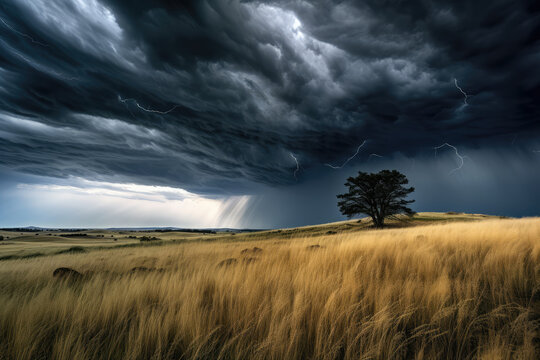 Storm over the plains of South Africa, with a lone tree in the foreground