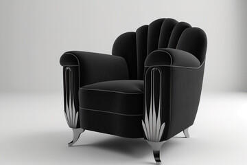 Black velvet art deco armchair on white backdrop. various furnishings. Generative AI