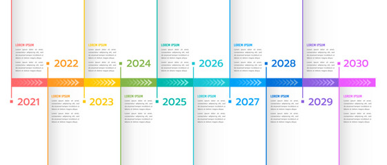 10-year anniversary timeline infographic brochure. Milestone, Business presentation, and Roadmap. Vector illustration. - obrazy, fototapety, plakaty