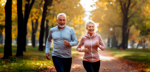 Senior couple running or jogging in a park in fall colors. Concept of health and fitness for mature or older people. Shallow field of view with copy space.