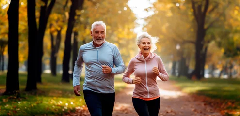 Fotobehang Senior couple running or jogging in a park in fall colors. Concept of health and fitness for mature or older people. Shallow field of view with copy space.  © henjon