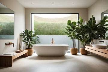 Fototapeta premium A sleek and minimalist bathroom with a standalone bathtub and shower design
