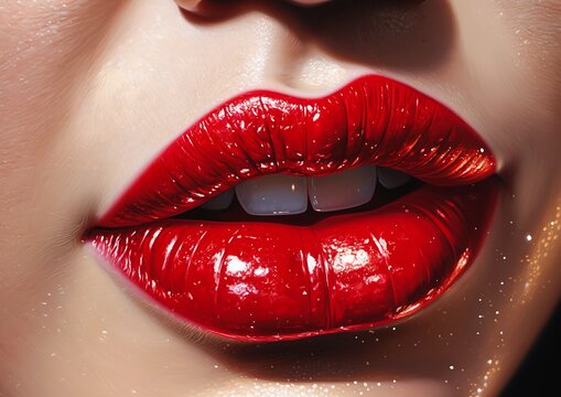 closeup womans lips red lipstick stunning high gloss draped oil mouth magazine bite extreme laser ash realist kissing smile dent
