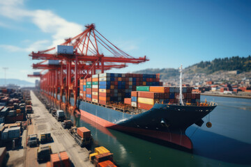 Fototapeta premium A shipping container being loaded onto a cargo ship at a bustling international port, illustrating the logistics of global trade. Concept of international shipping. Generative Ai.