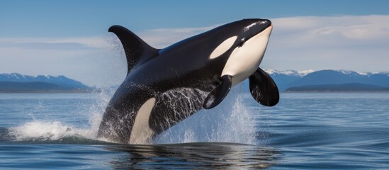 Fototapeta premium J19 Shachi an endangered killer whale from J Pod breaches in Strait of Juan de Fuca between Washington and British Columbia Canada With copyspace for text