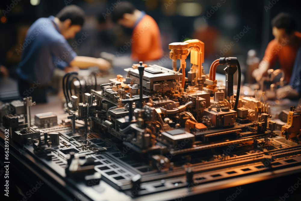 Poster a factory floor with workers assembling products made from components sourced from various countries