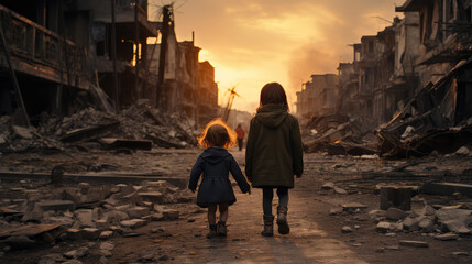 Two girls walk in the destroyed city. Problems after the war. - obrazy, fototapety, plakaty