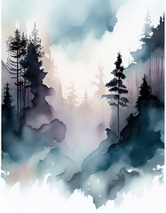 aquarelle foggy forest