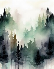 aquarelle foggy forest