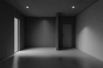 Interior of a dim, empty room with a concrete floor and an empty, grey wall. The idea of a large space was designed for original thought. Generative AI