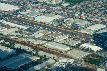Aerial view of Los Angeles featuring the city of Commerce, Vernon and the BNSF - Hobart Intermodal...