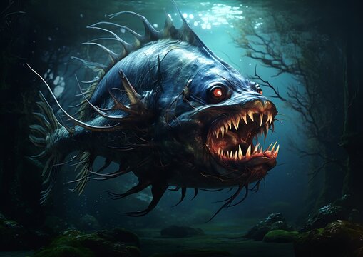 closeup fish mouth open teeth wide underworld grinning sinisterly cute face sword wand deep dangerous swamp lurking shadows templar