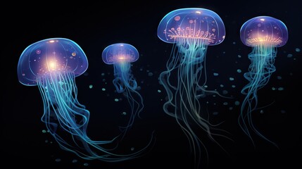  a group of jellyfish floating in the ocean at night.  generative ai