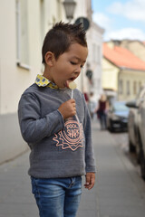 Happy boy kid traveling smiling