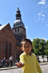 Happy boy kid traveling smiling
