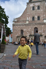 Happy boy kid traveling smiling