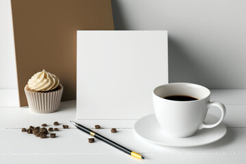 Mockup of a blank paper card for an invitation. Scene of artistic stationery including a cup of coffee, paintbrushes, and pencils in a ceramic holder. A creative table composition with a background of