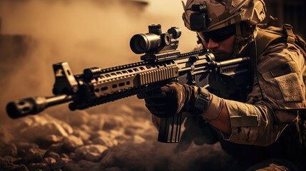 Special forces soldier with assault rifle in action. Selective focus.