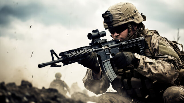 Soldier with assault rifle in action. Special forces soldier in action