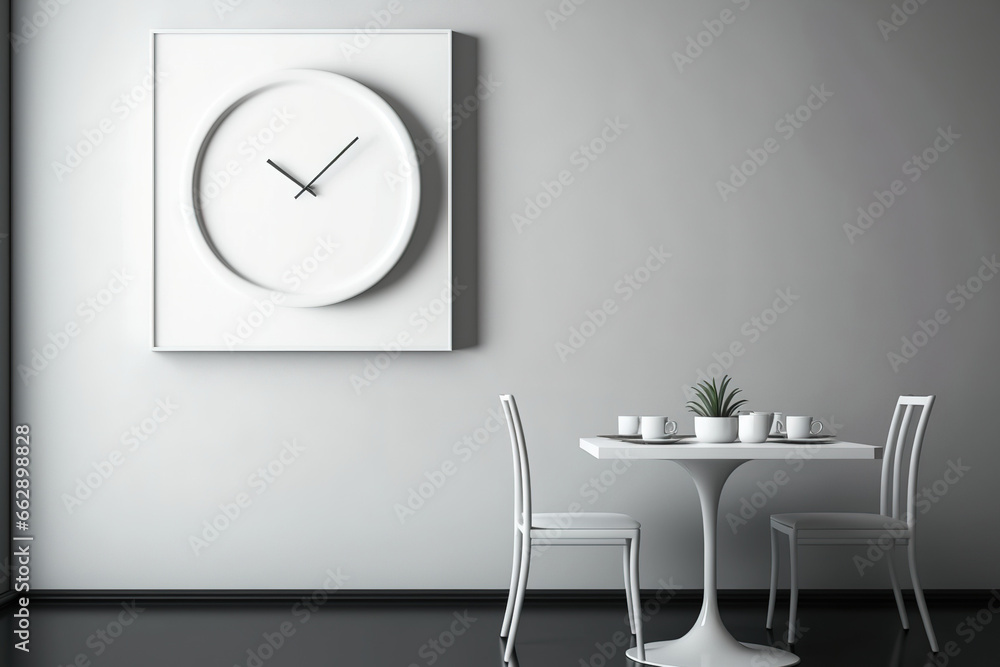 Poster dining room with abstract white table and chairs. the empty frame and clock's back. generative ai