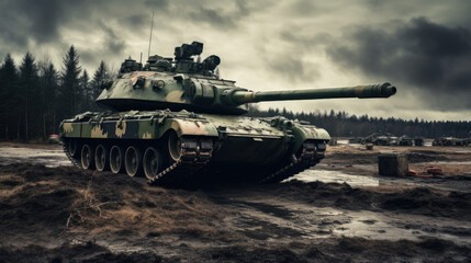 Military tank on the battlefield in stormy weather. 