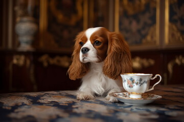 Cute cavalier king charles spaniel dog drinking traditional english tea with milk in royal palace - obrazy, fototapety, plakaty