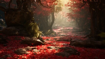 A serene forest clearing blanketed with a carpet of red wild grape leaves, inviting a peaceful pause in the midst of autumn's embrace.