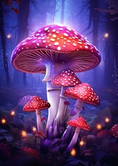 mushrooms sitting top forest covered leaves brightly lit purple room mobile poison vibrant gnome