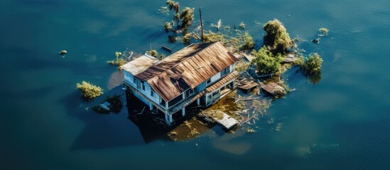 Bird s eye perspective of submerged residence surrounded by murky water With copyspace for text