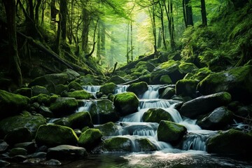 Fototapeta premium Scenic cascade amidst lush woods. Generative AI