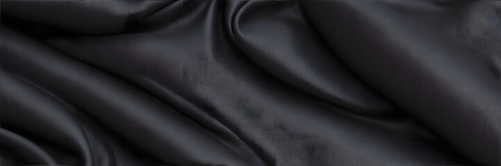 Black Leather Wavy Banner. Empty Mockup with Copy Space Close Up. Elegant Black Leather Texture.