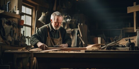 Obraz na płótnie Canvas old mature professional artisan artist cratman working on new wooden handywork concentrate carpenter working in home studio morning sunrise 
