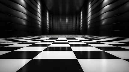 Geometric Design - Checkered Floor Perspective in Black and White