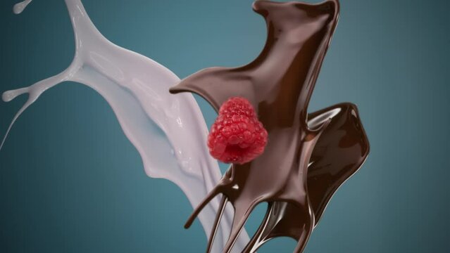 Dark chocolate raspberry and fresh milk splashing  and falling in slow motion cut out
