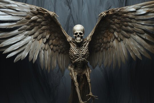 Fantasy, culture and religious concept. Spooky looking skeleton with angel wings portrait. Generative AI