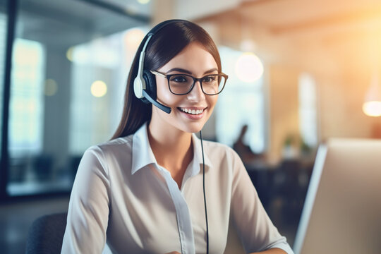 Contact us, customer service and telemarketing call center agent using her laptop and headset in the office, Portrait of a woman at our sales help desk job, smile and working to tell you about us
