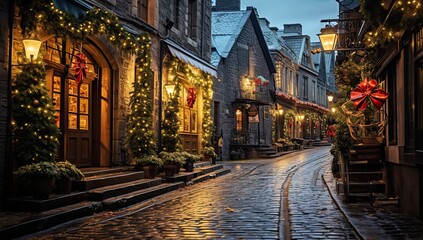 Fototapeta na wymiar christmas decorations on a cobblestone old town street