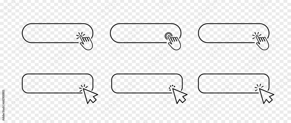 Poster Click here buttons line web icon. Online register bar with mouse cursor and hand pointer clicking. Set for website design. vector illustration.